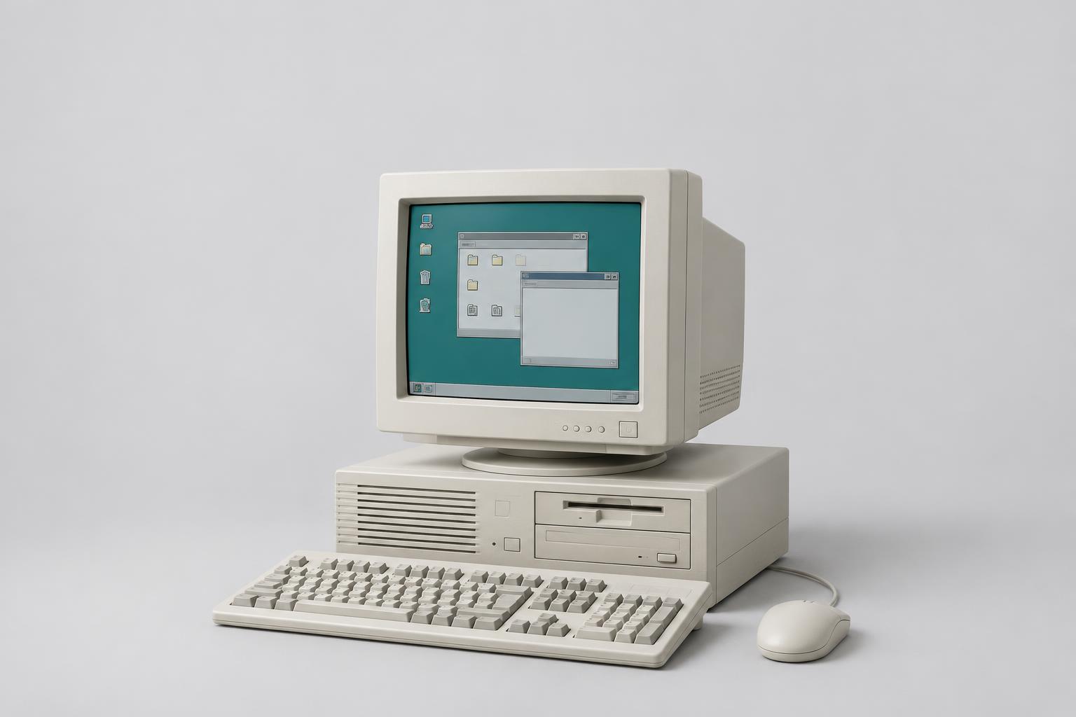 A classic desktop computer showing a retro teal operating system