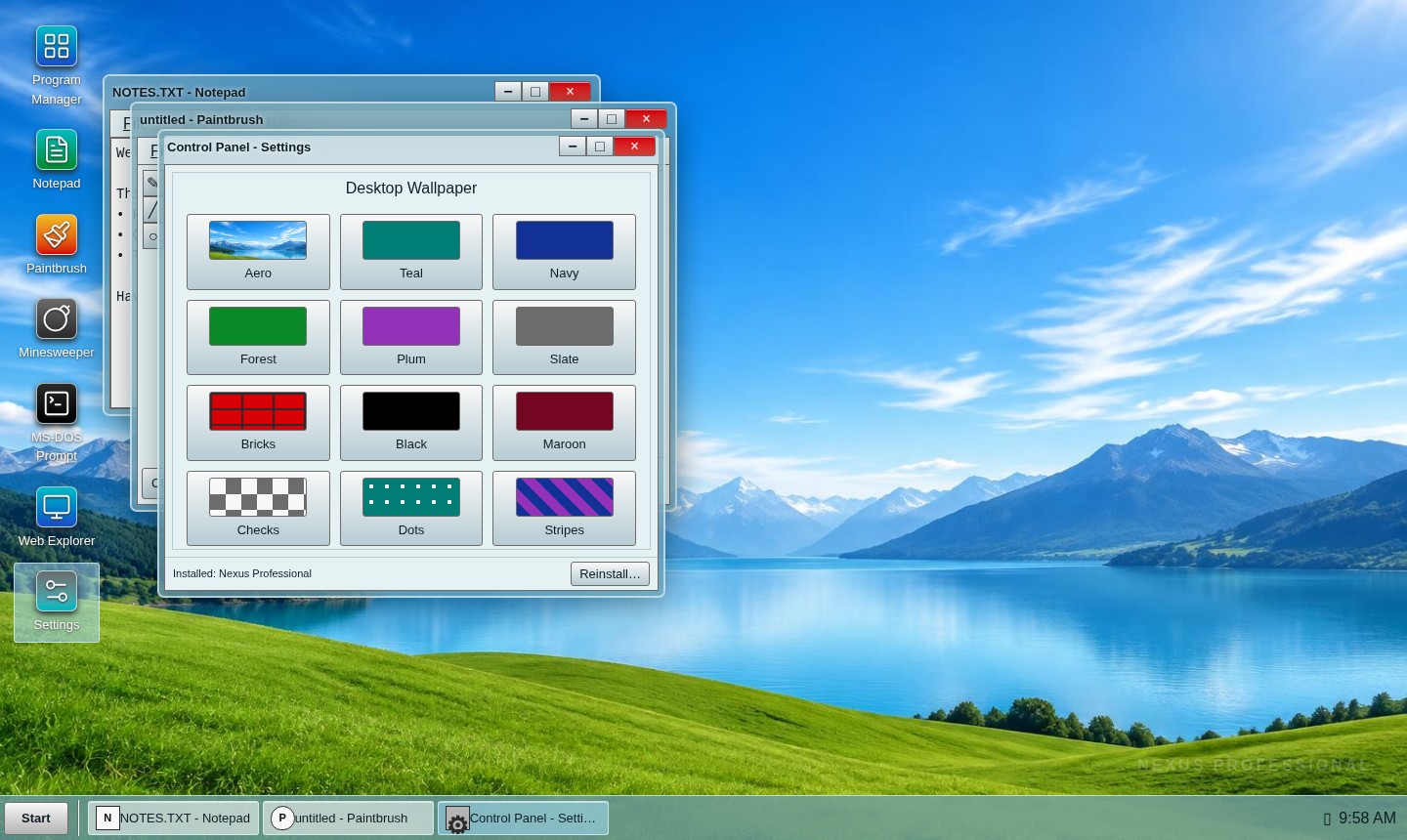 The actual Nexus Home demo desktop with Notepad, Paintbrush and Minesweeper open